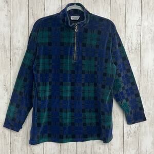 Carreau Sport Vintage 1/4 Zip Blue Green Plaid Warm Soft Pullover Sweater Large